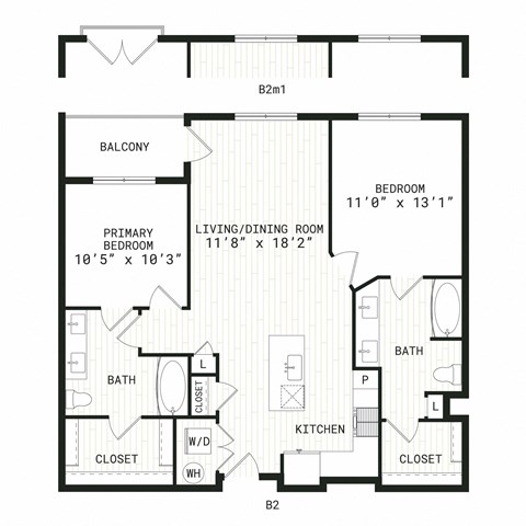 Floor plan for 2 beds, 2 baths, 1055 sqft